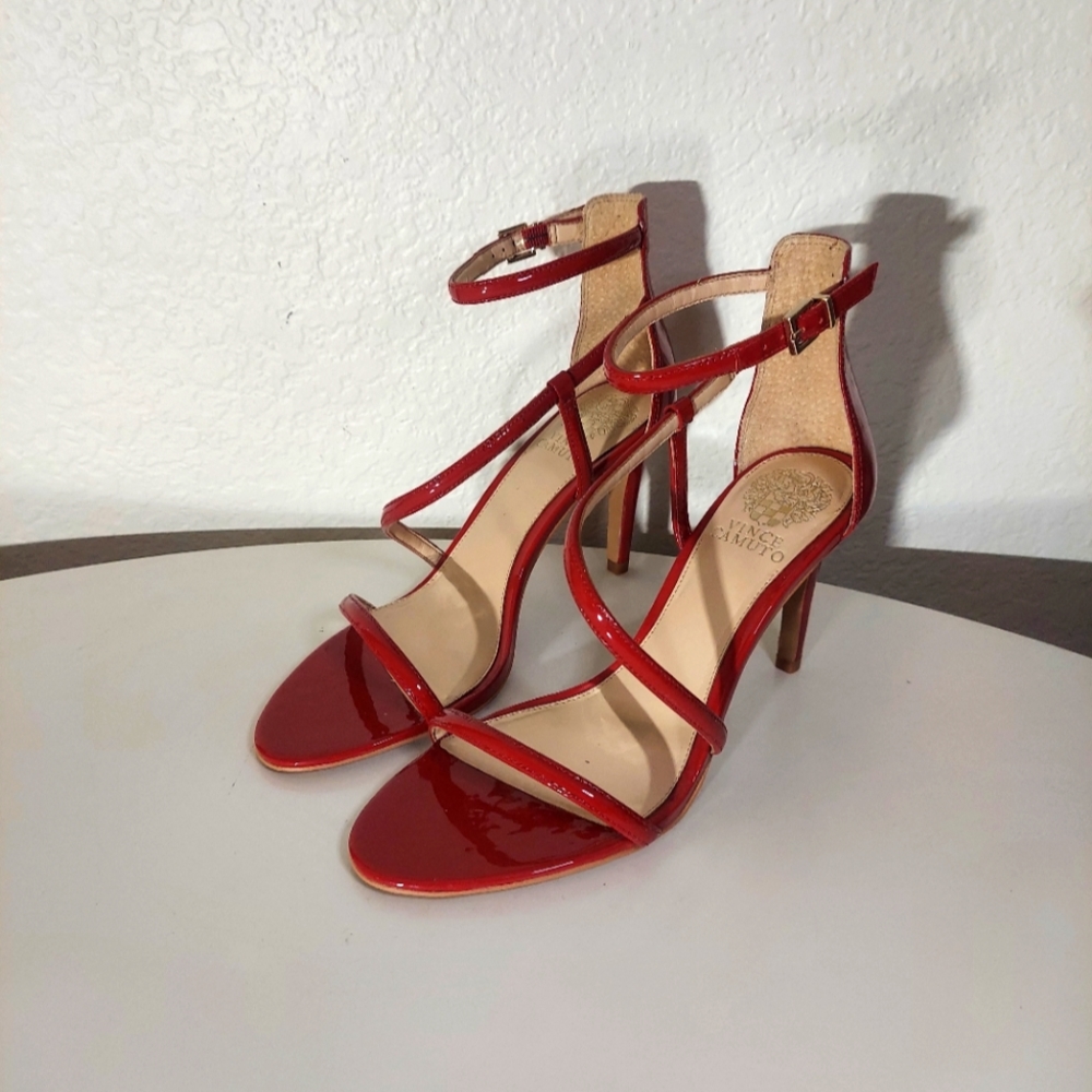 Vince Camuto Red Triple Strap Open Toe Heels